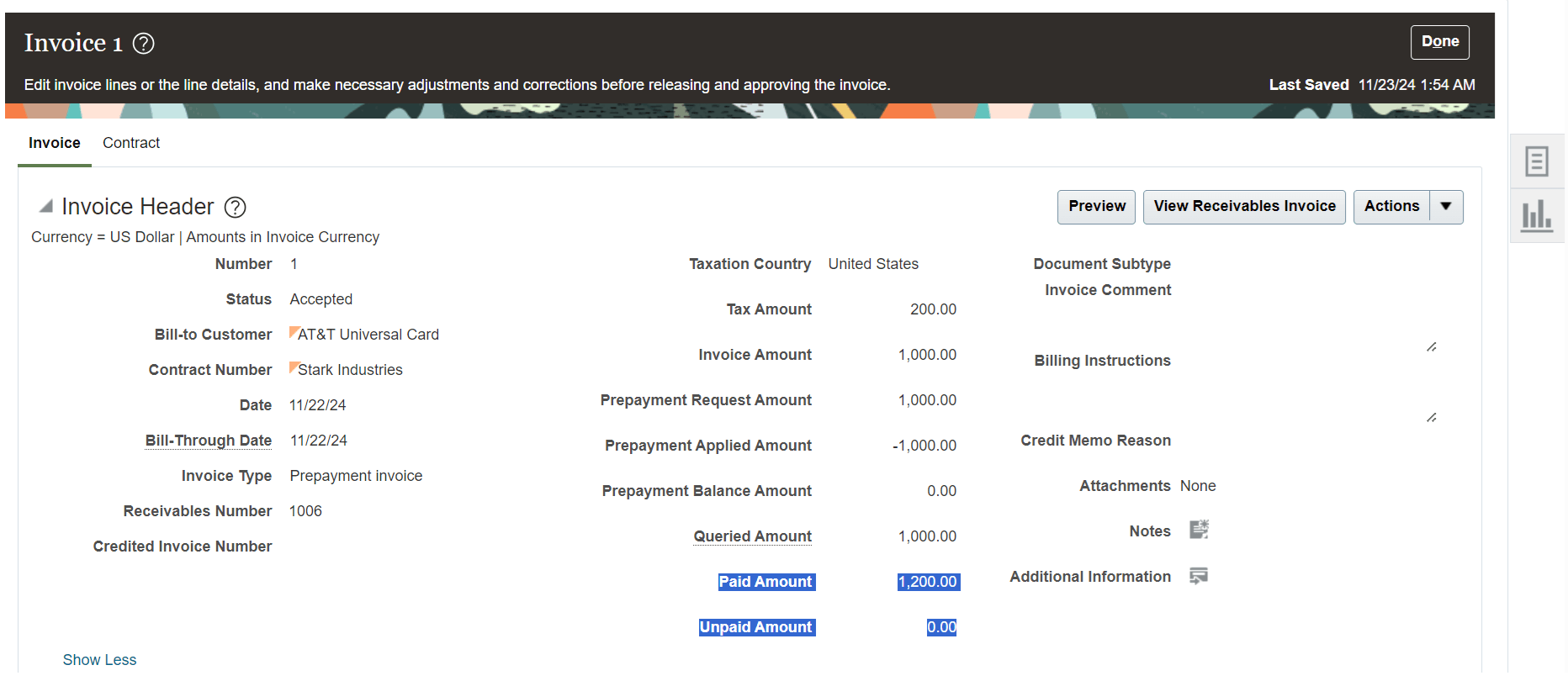 Paid and Unpaid Amounts on Invoice Details.