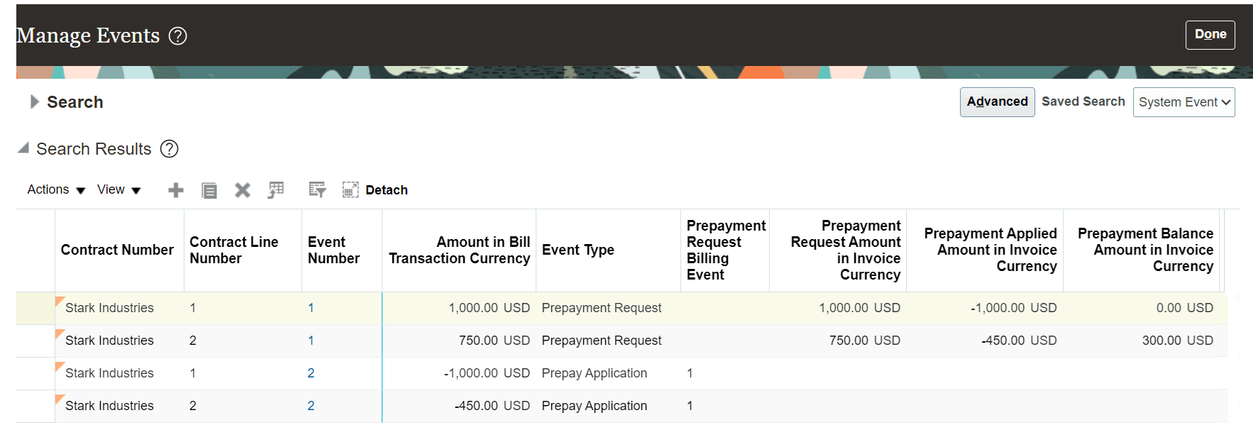 Prepayment Measures on Manage Events Page