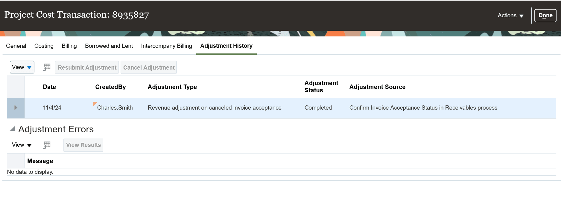 Project Costs Adjustment History