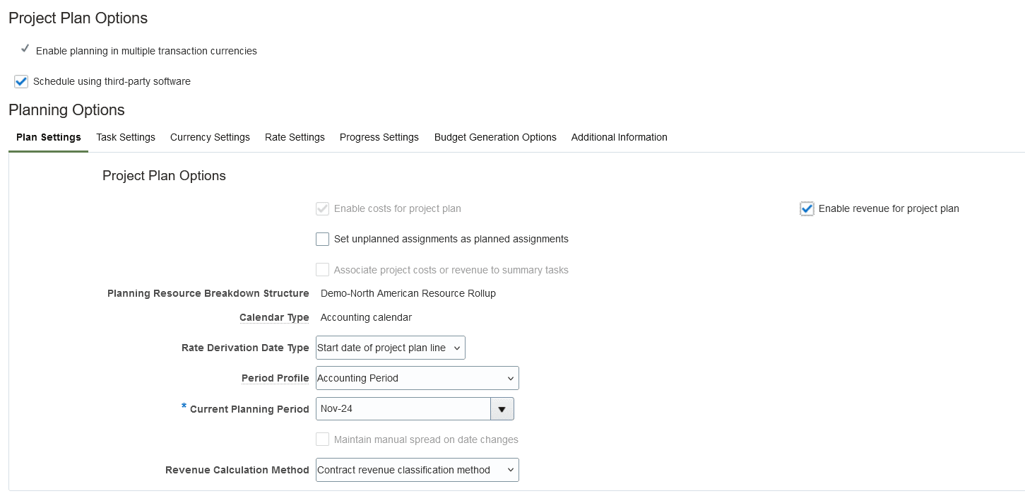 Revenue planning settings in the Project Plan Type