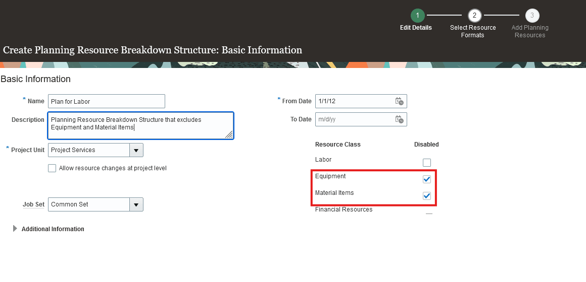 Select Resource Classes While Defining Planning Resource Breakdown Structure 