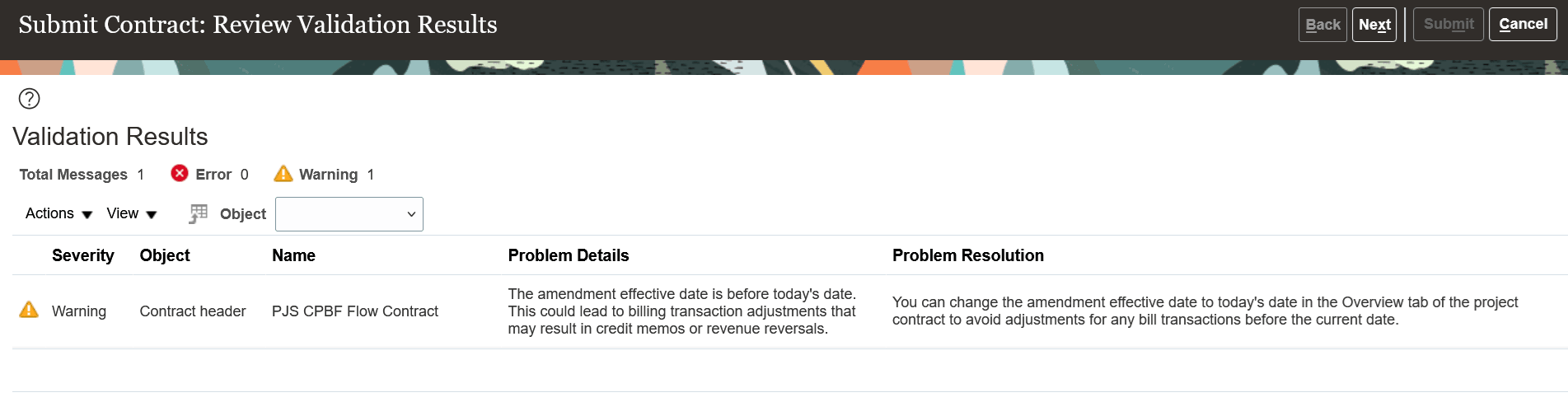 Contract Validation Warning Message