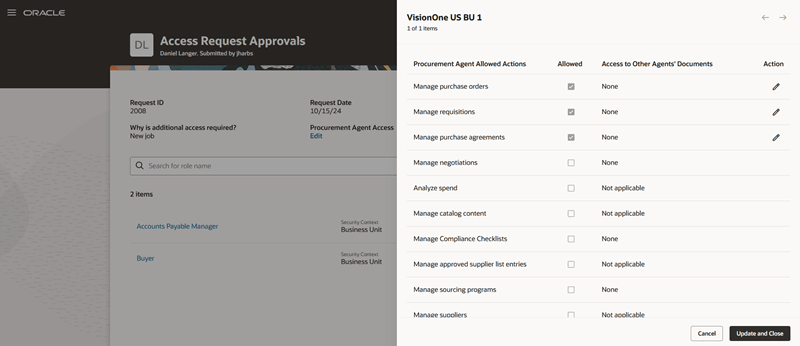 Approver View of Procurement Agent Access Actions