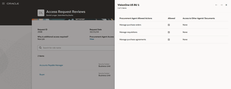 Reviewer View of Procurement Agent Access Actions