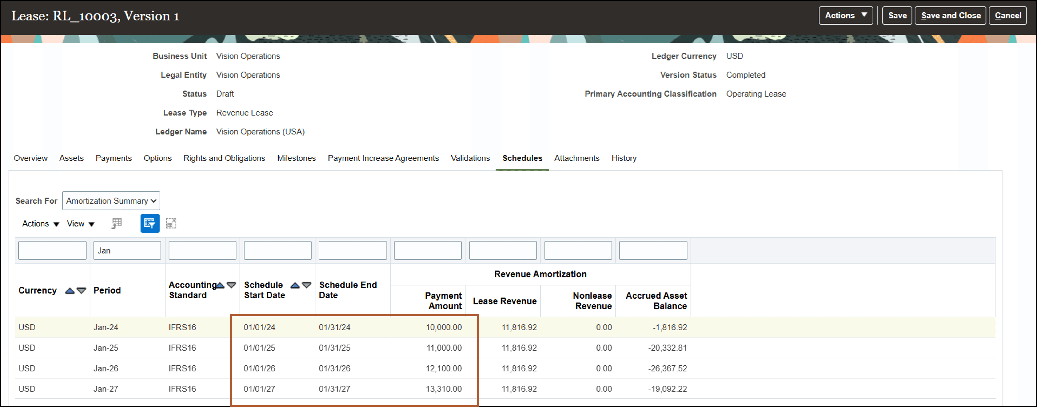 Lease Schedules page