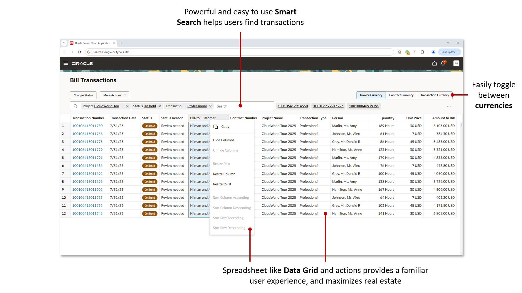 The Bill Transactions page with search, currency toggle, and data grid features highlighted.