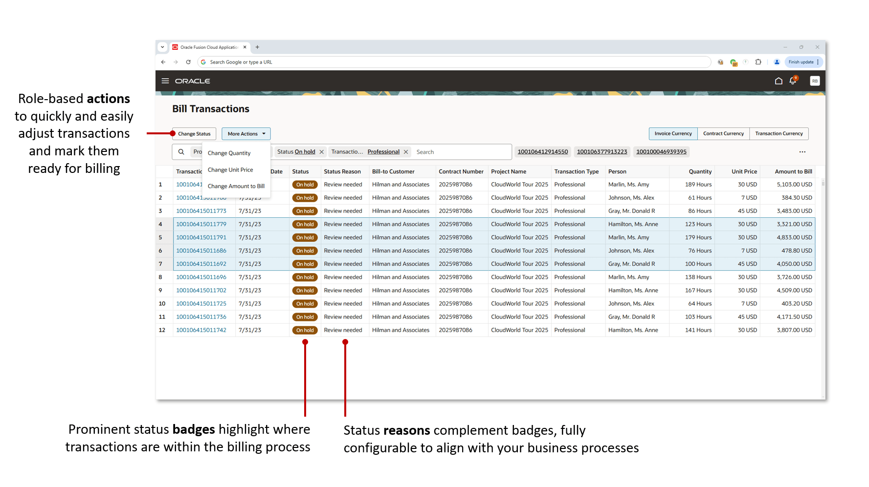 The Bill Transactions page with status badge, status reason, and change status action control highlighted.
