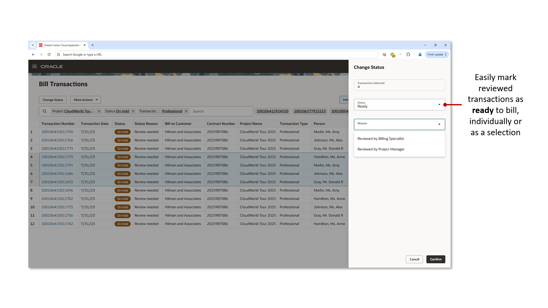 The Bill Transactions page with a change status action in progress.