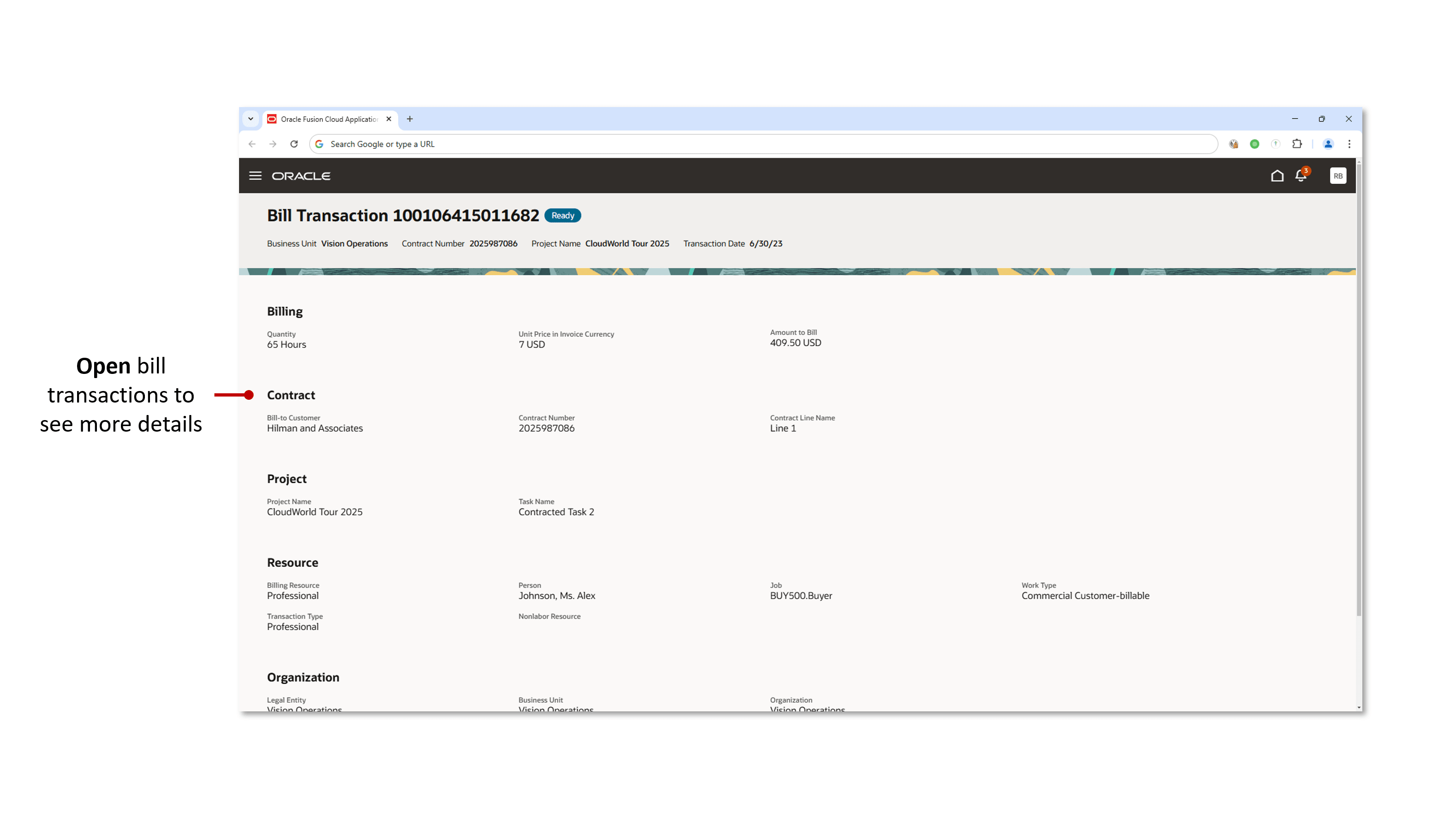 A single Bill Transaction opened to show more details.