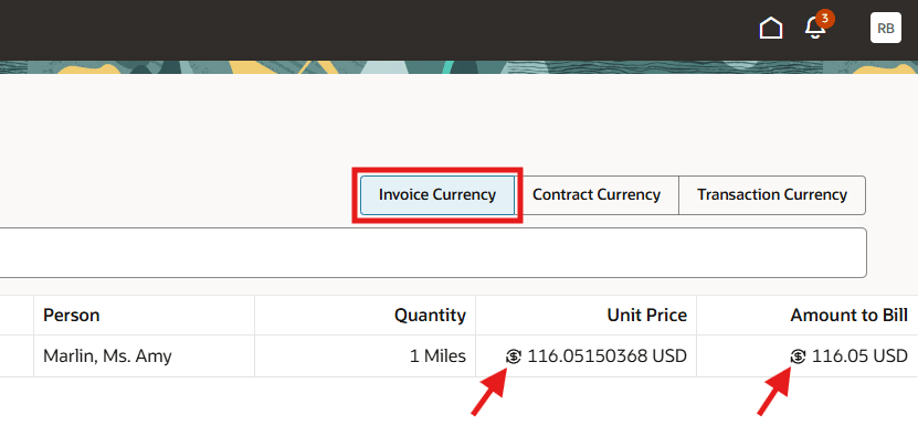 The Bill Transactions page showing the currency switcher and currency conversion indicator