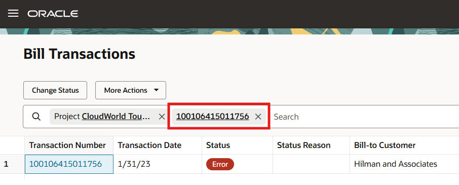 The Bill Transaction page showing a keyword search on Transaction Number.