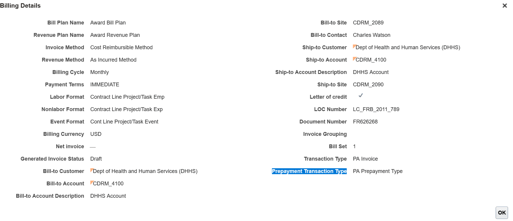 A screenshot of the Prepayment Transaction Type field on the Award Billing Details page.