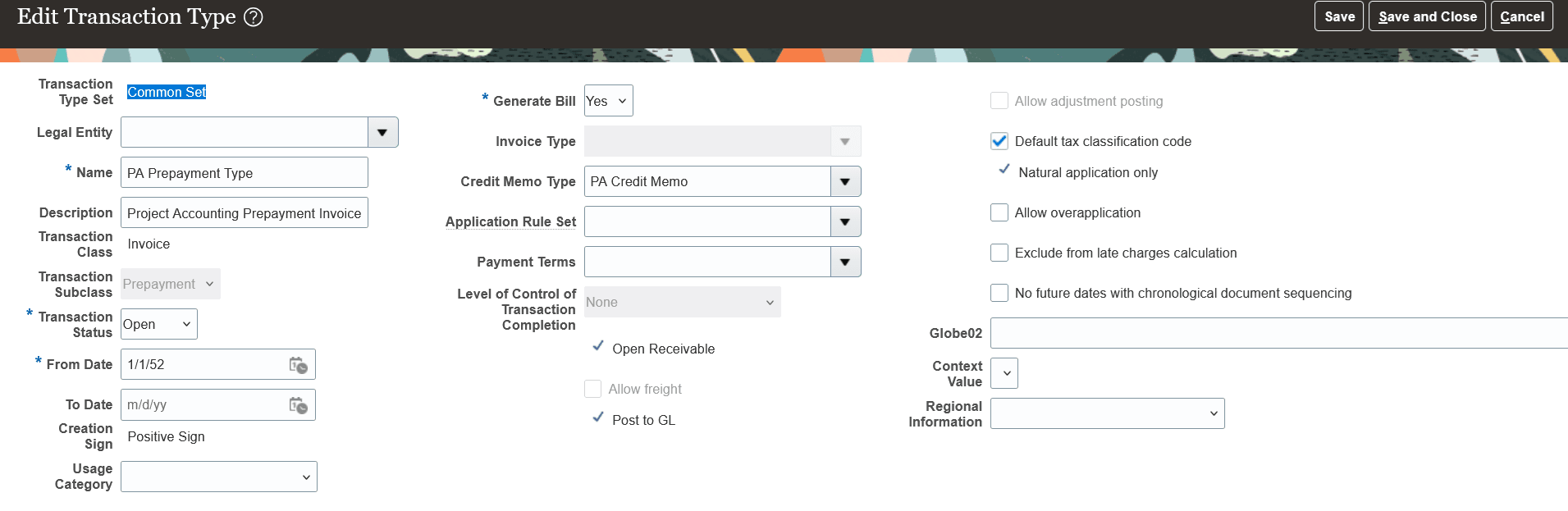 Receivables Transaction Type Setup