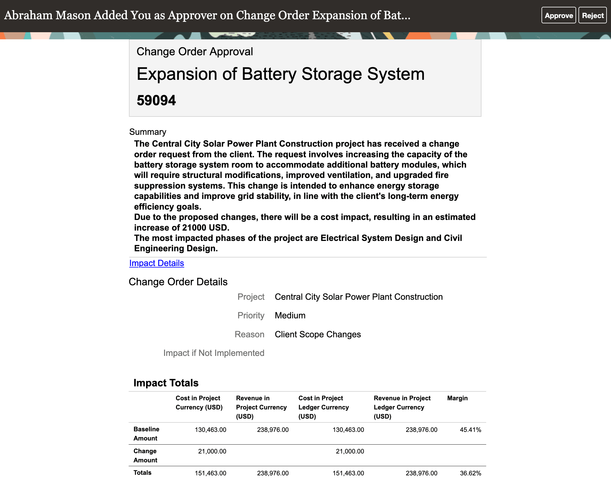 Change order summary in the approval notification