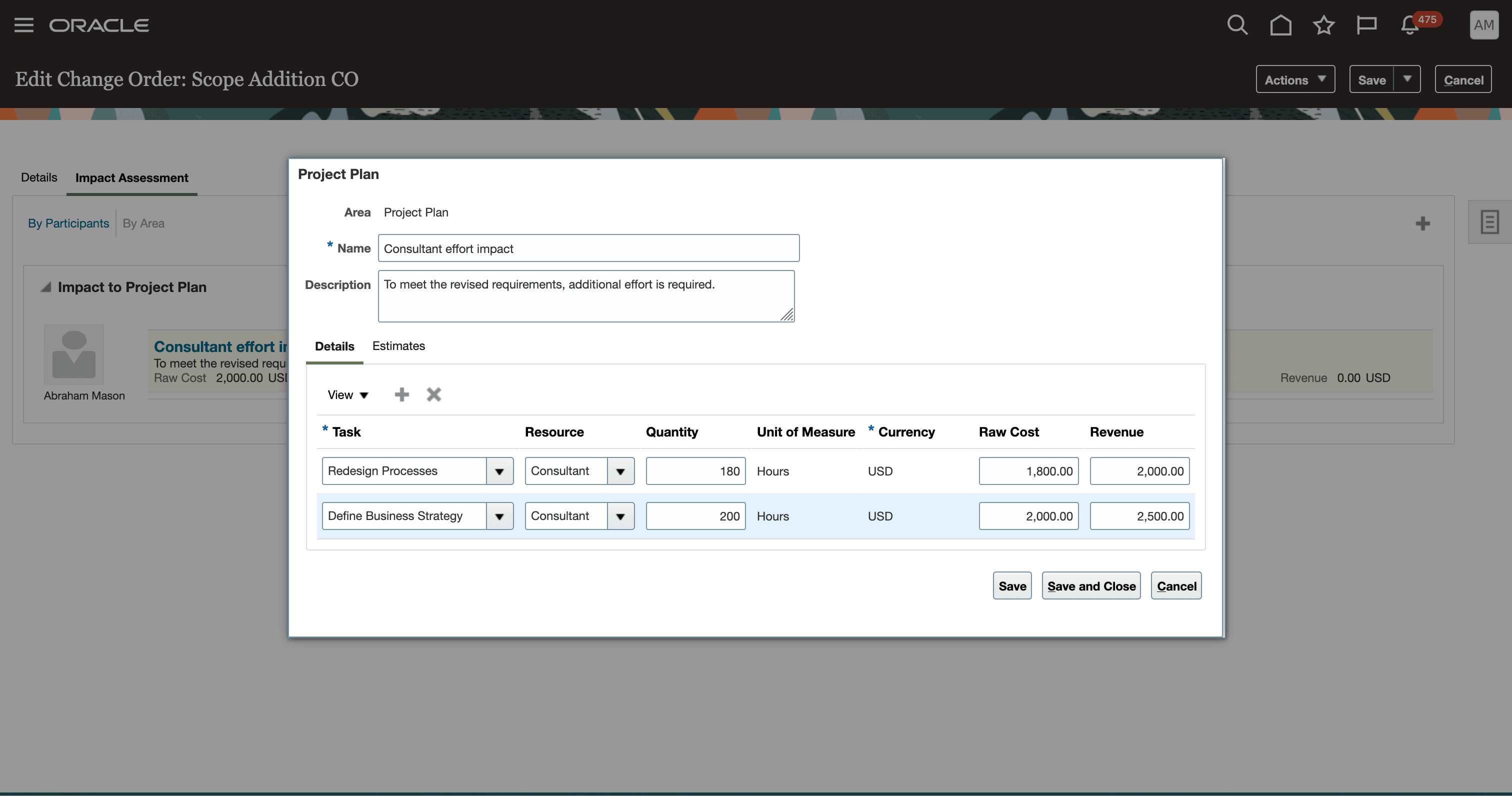 Screenshot of add project plan impact details page