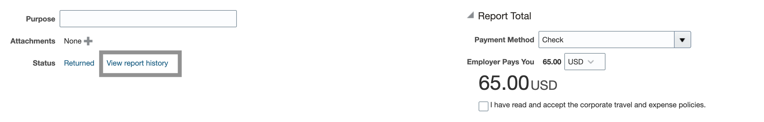 The "View report history" link is located next to the report status link.