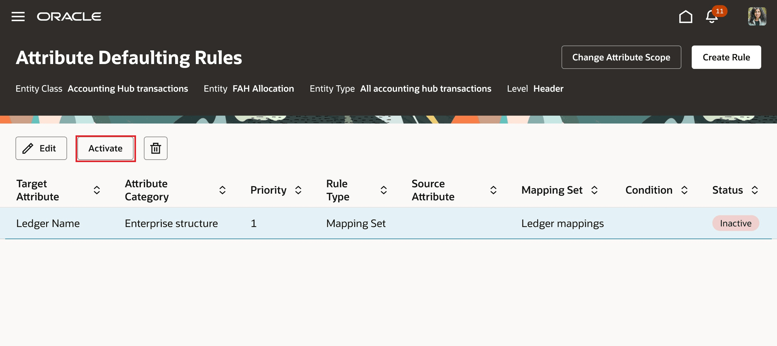 Activate attribute defaulting rule