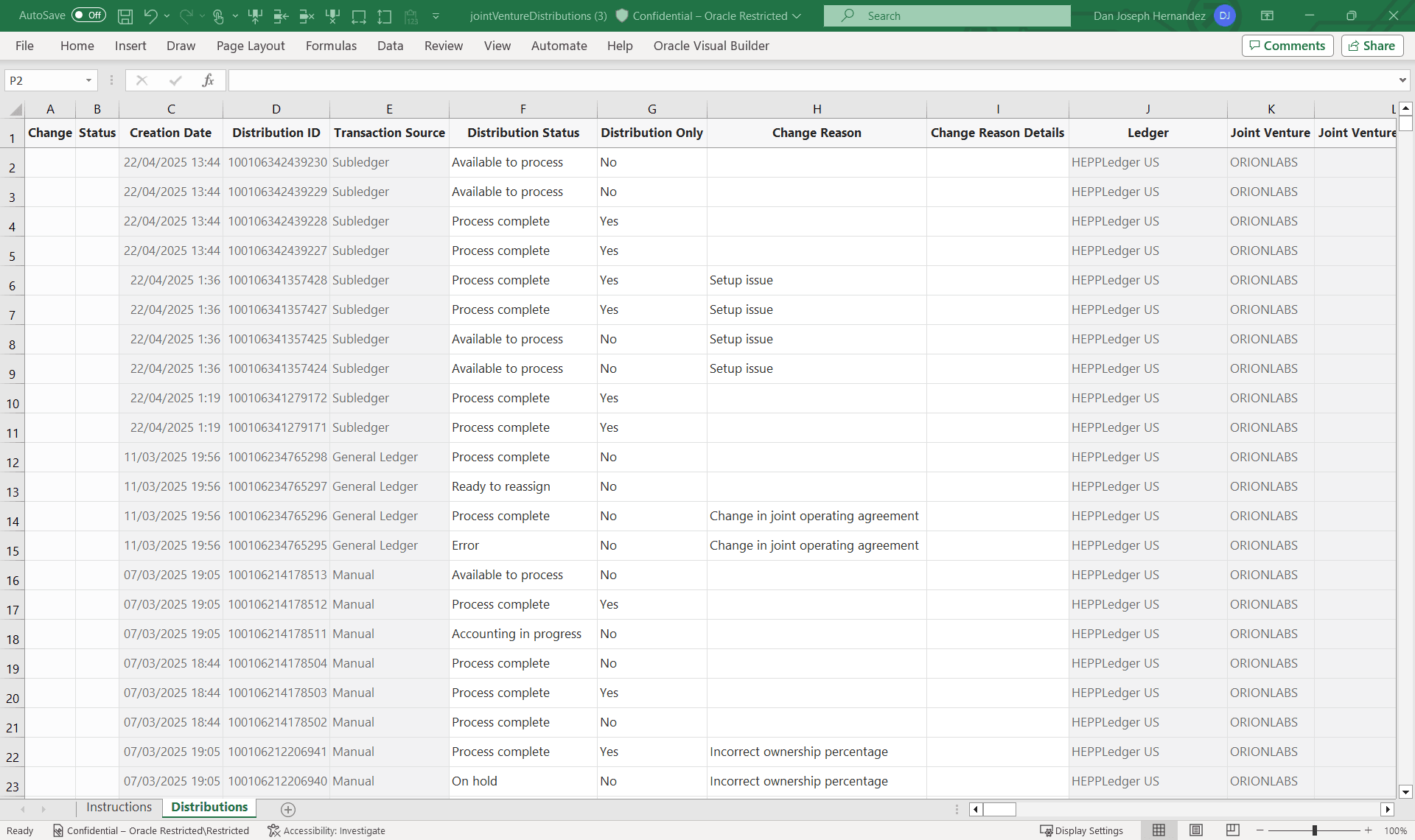 Manage Joint Venture Distributions spreadsheet with a single worksheet for subledger accounting, general ledger, manual, and overhead distributions