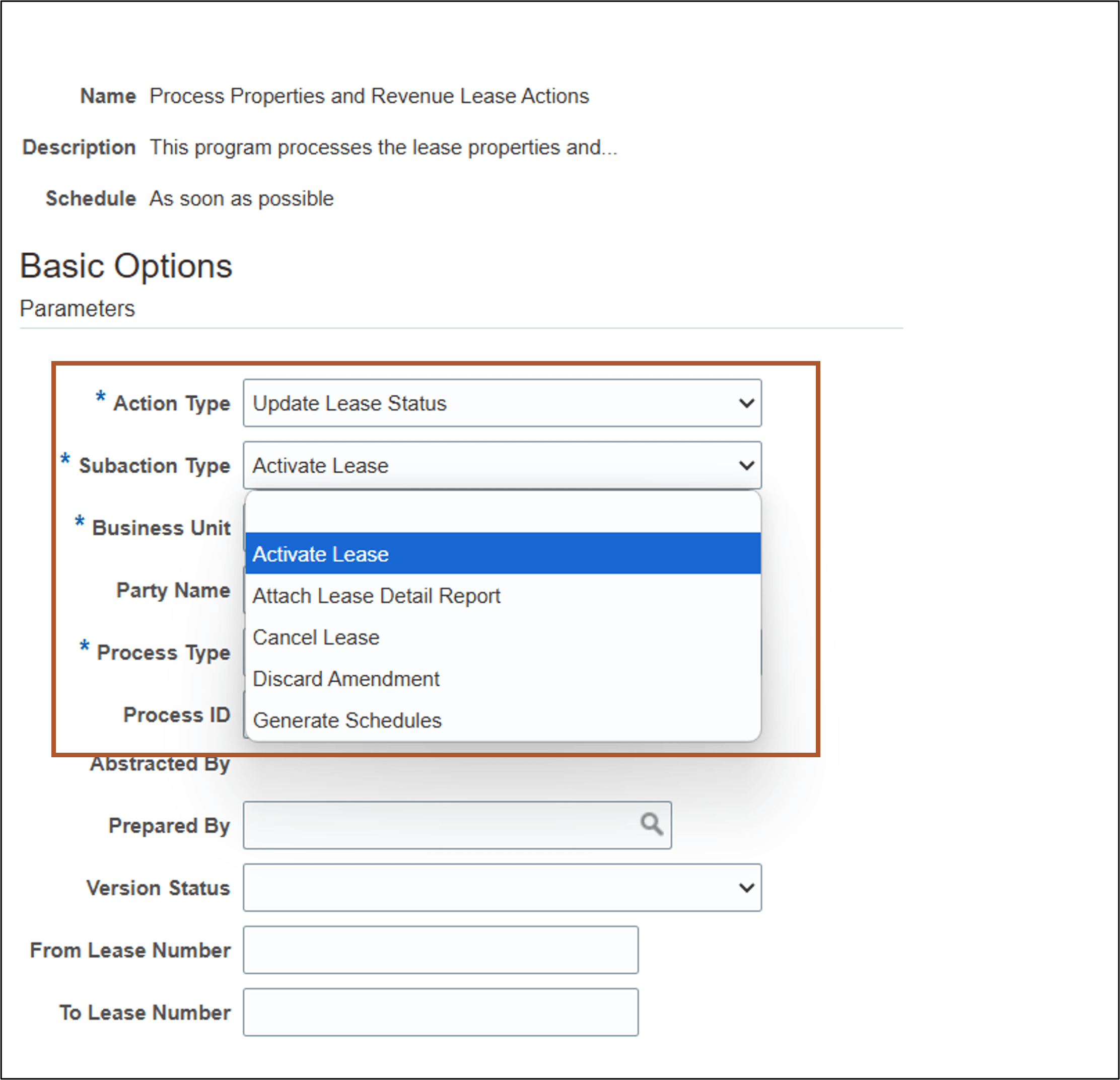 Update Revenue Lease Status process