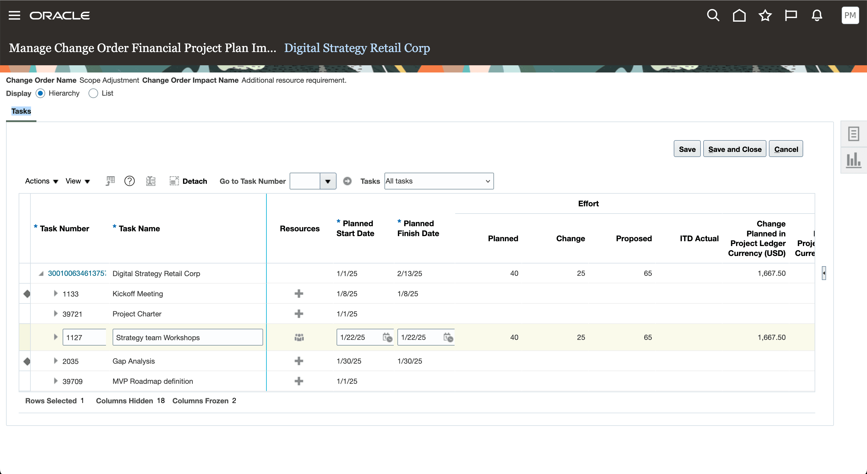 Ability to modify resource details in financial project plan view