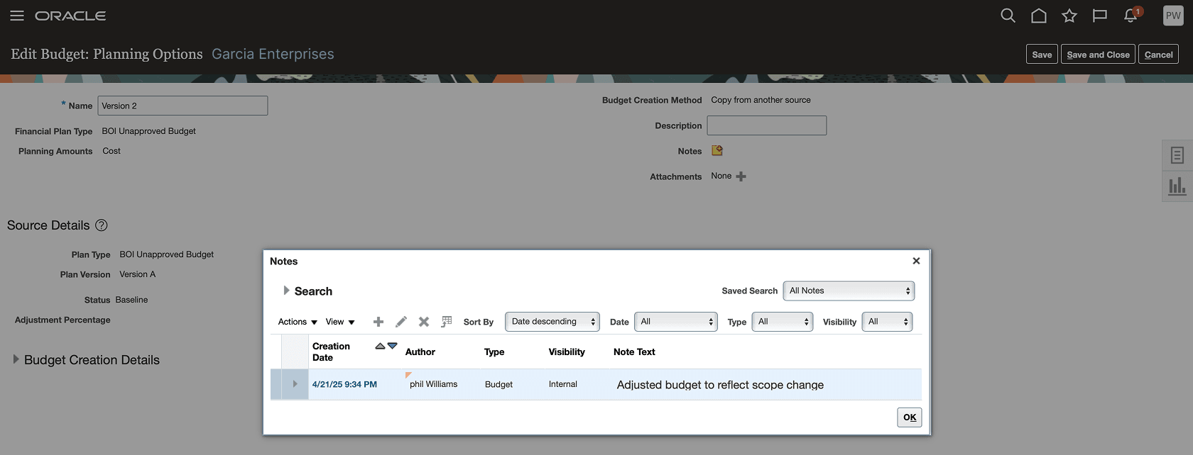 Budget Notes in the Manage Project Budget