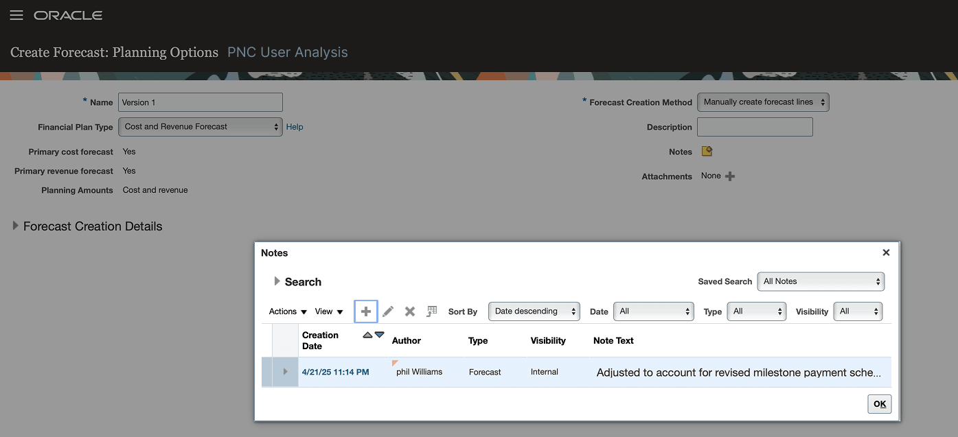 Project Forecast Notes in Manage Project Forecasts