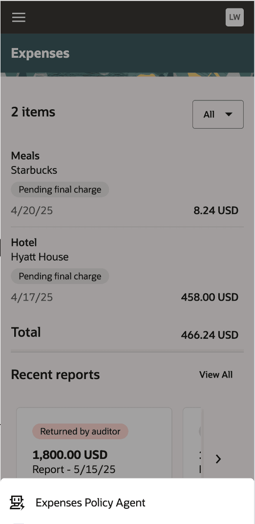 Expenses Policy Agent in Touchless Expenses bottom navigation