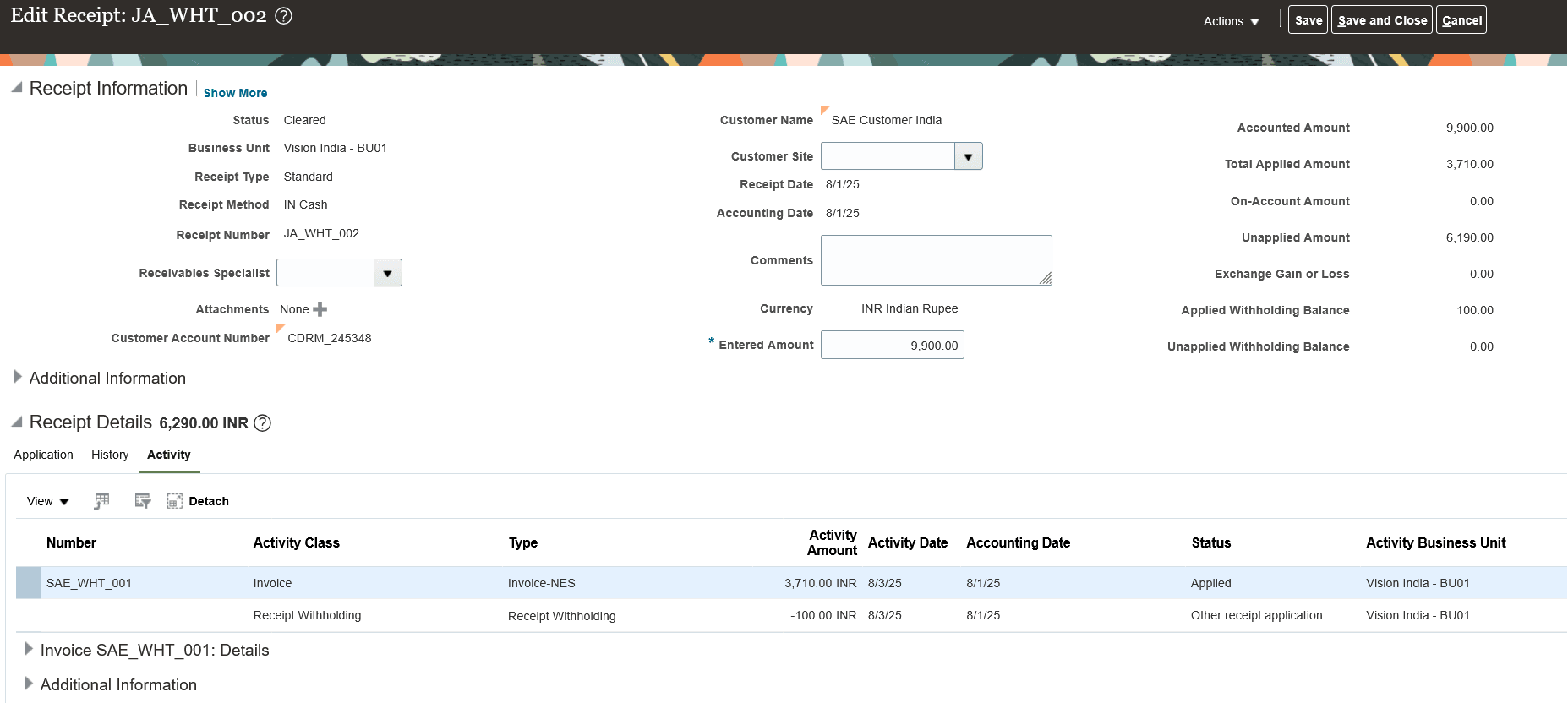 Review automatically created withholding activity for transaction application line.