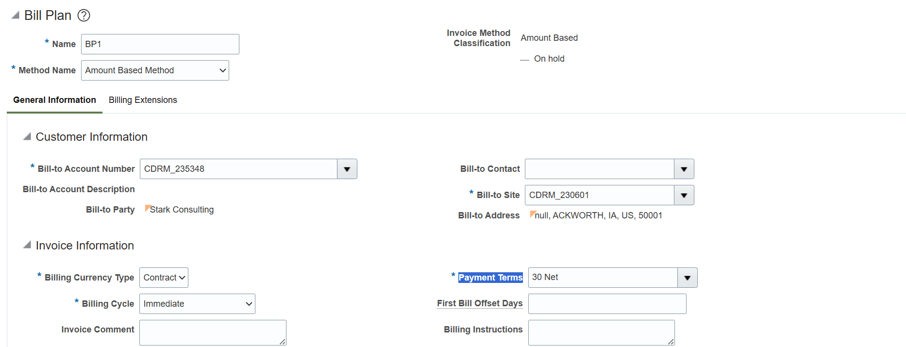 Defaulted Payment Terms on the Bill Plan