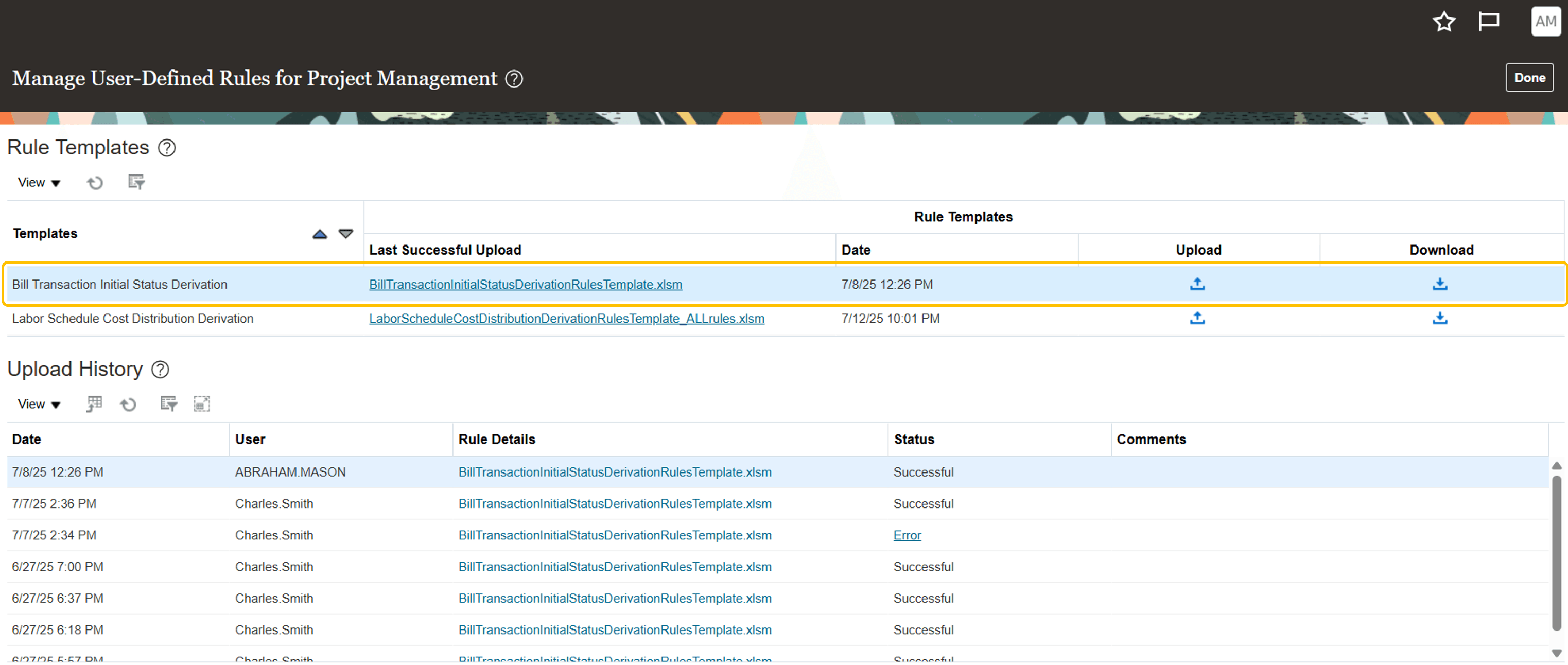A screenshot showing the Manage User-Defined Rules for Project Management page in Setup and Maintenance.