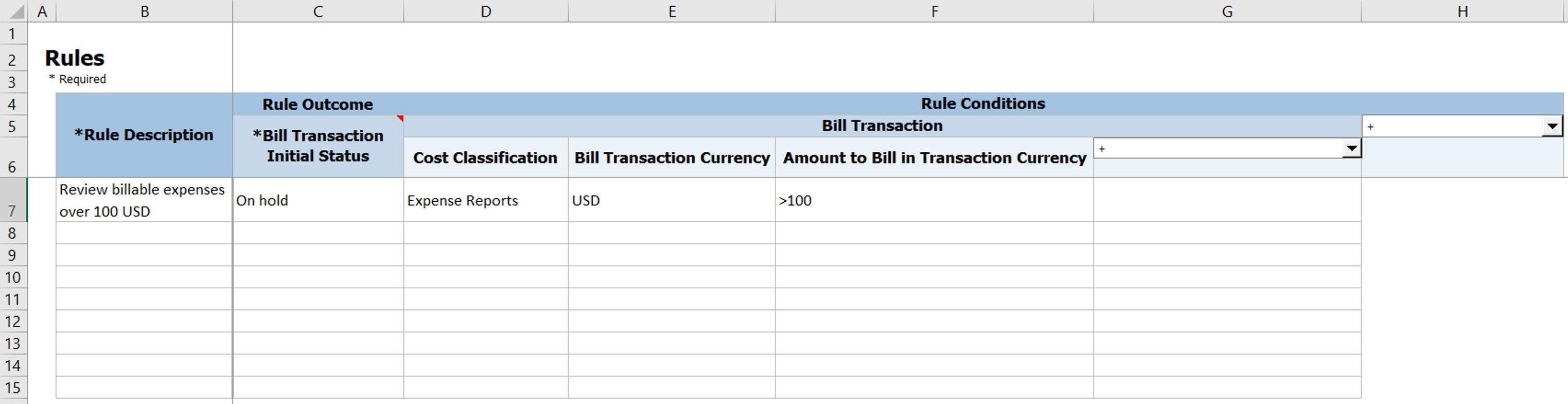 A screenshot showing the Bill Transaction Initial Status Derivation rules template in Excel.