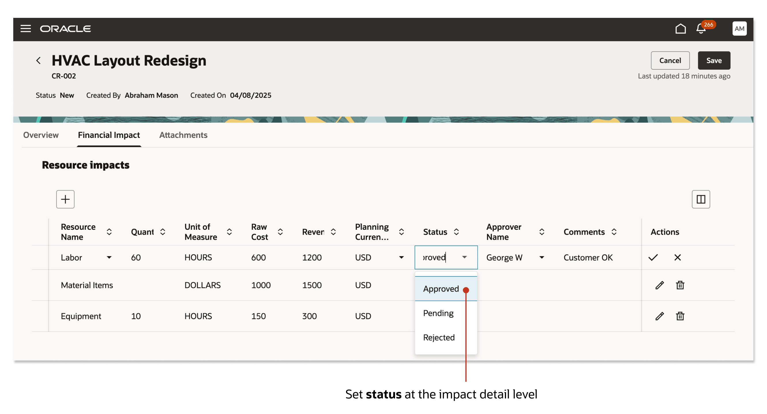Financial Impacts tab on a change request where the impact line status is set.