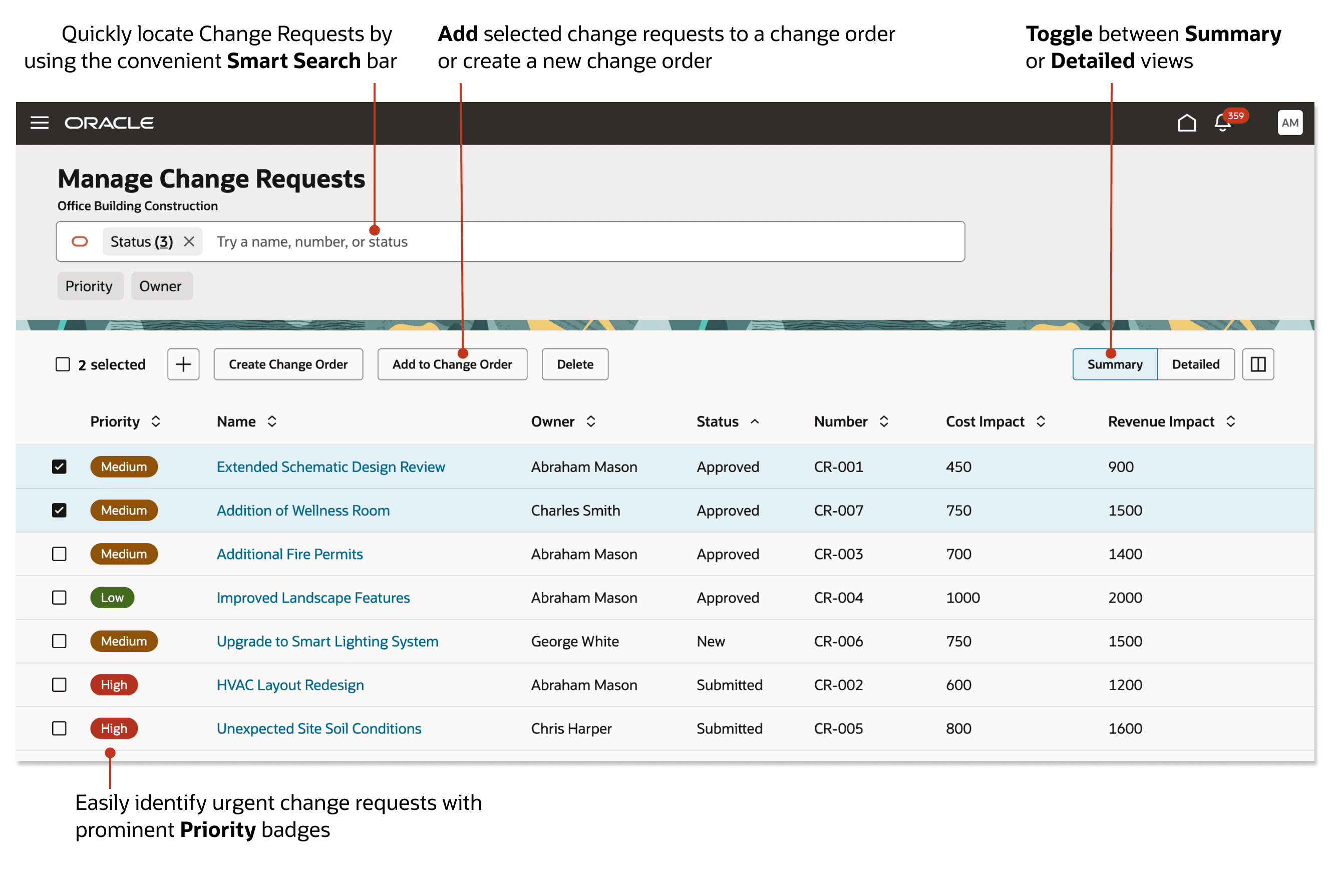 A screenshot of the manage change requests screen.