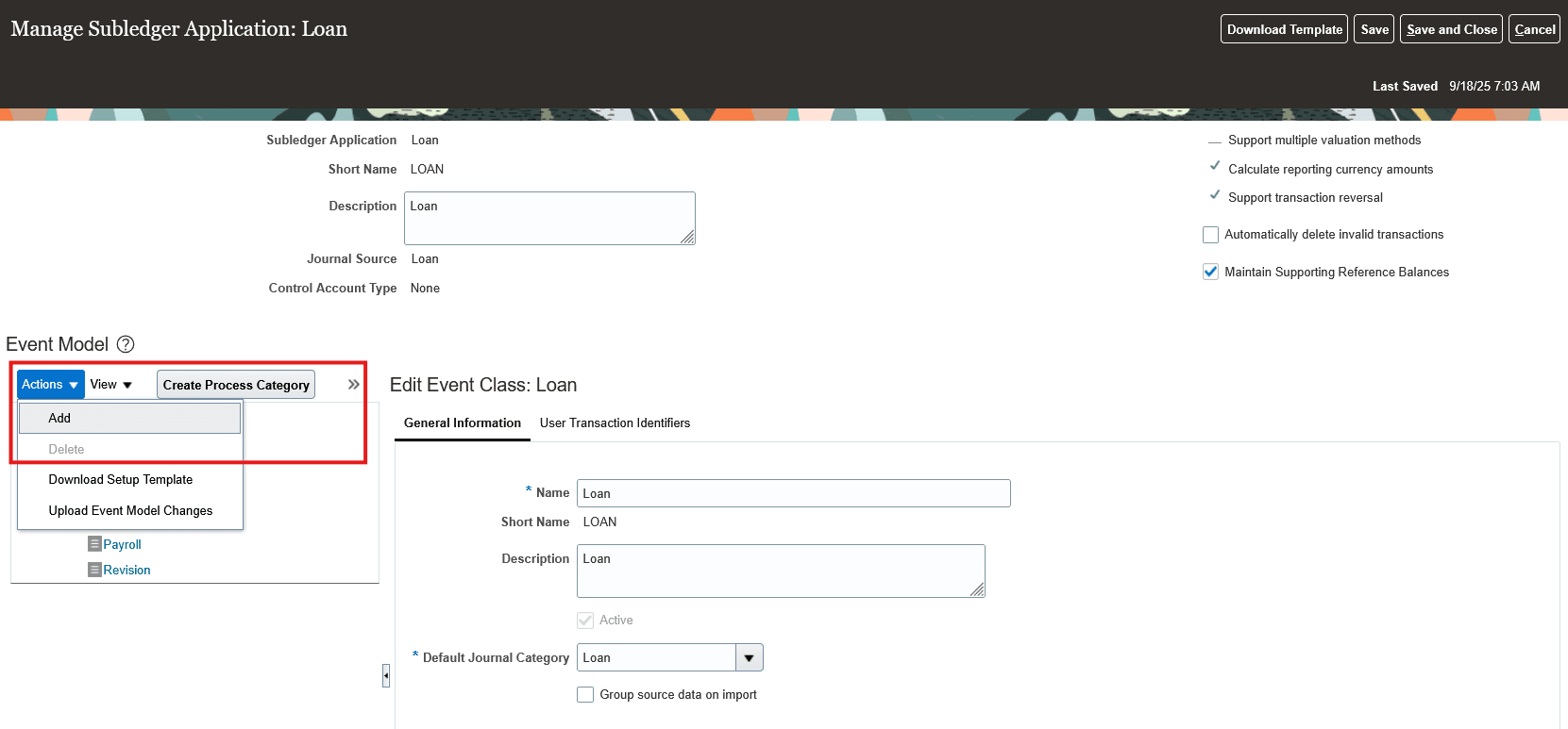 Event Model Changes through UI actions on Manage Subledger Application page