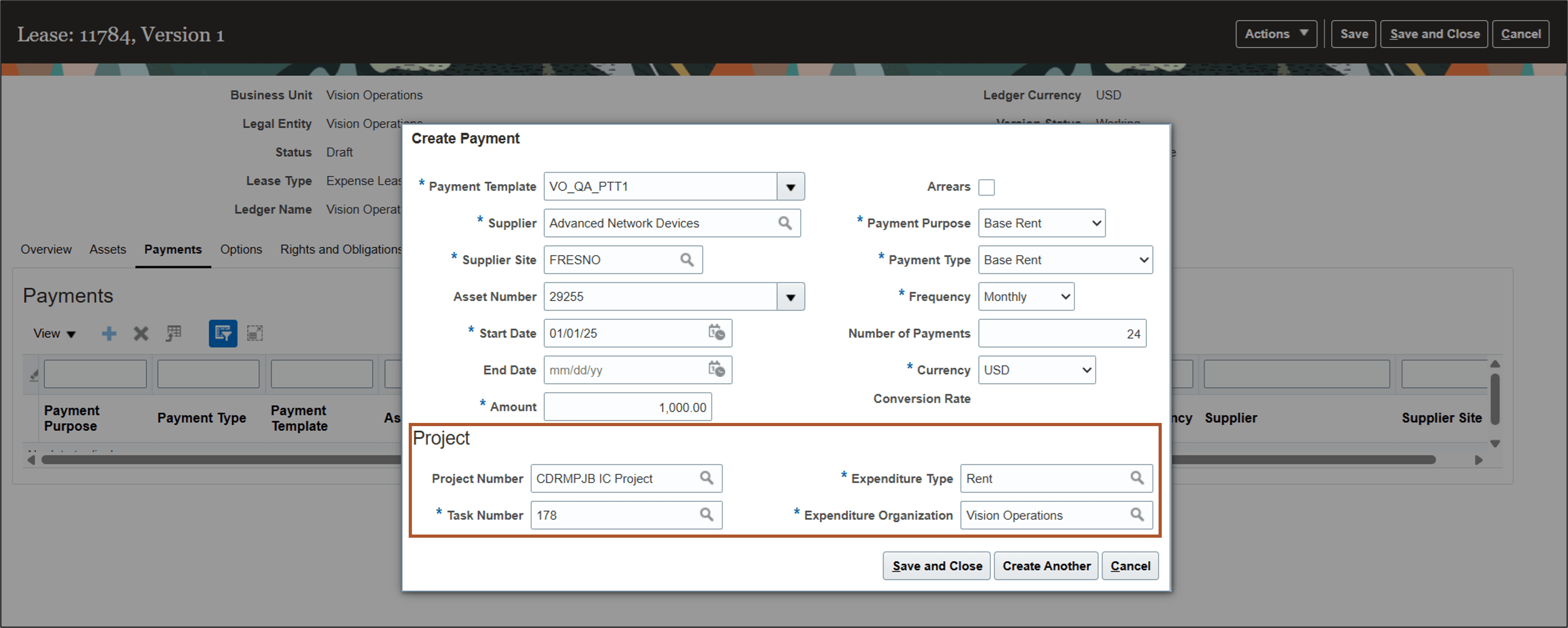 Create Payments page