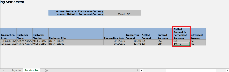 New field in Netting Settlement spreadsheet - Receivables