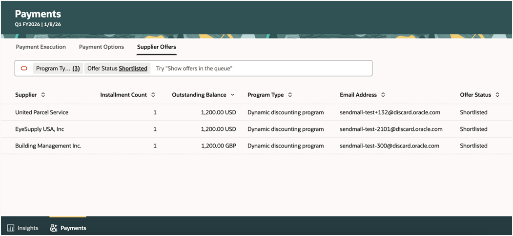 Users can review offers and track the communication of dynamic discount proposals sent to suppliers
