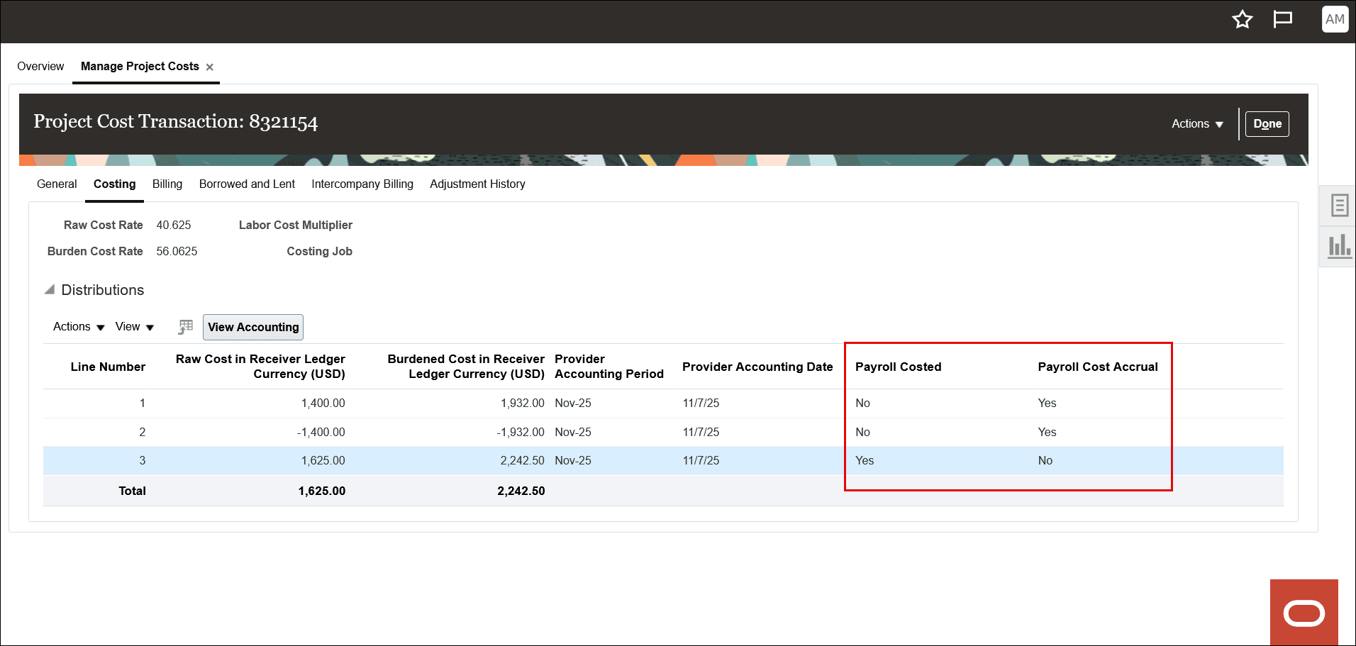 Time Card Cost Distribution Lines After Payroll Cost Distribution