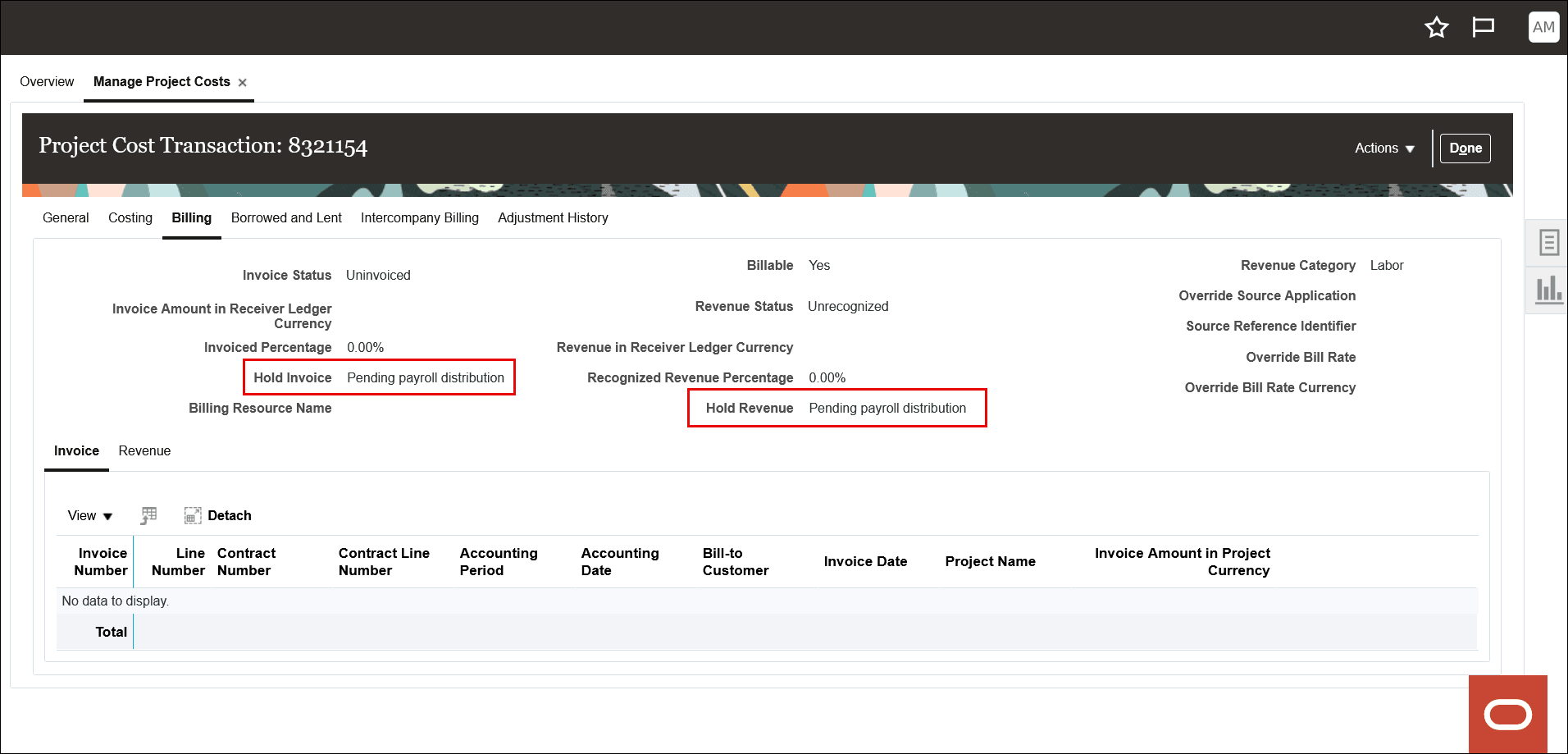 Invoice and Revenue Holds for a Time Card Pending Payroll Distribution