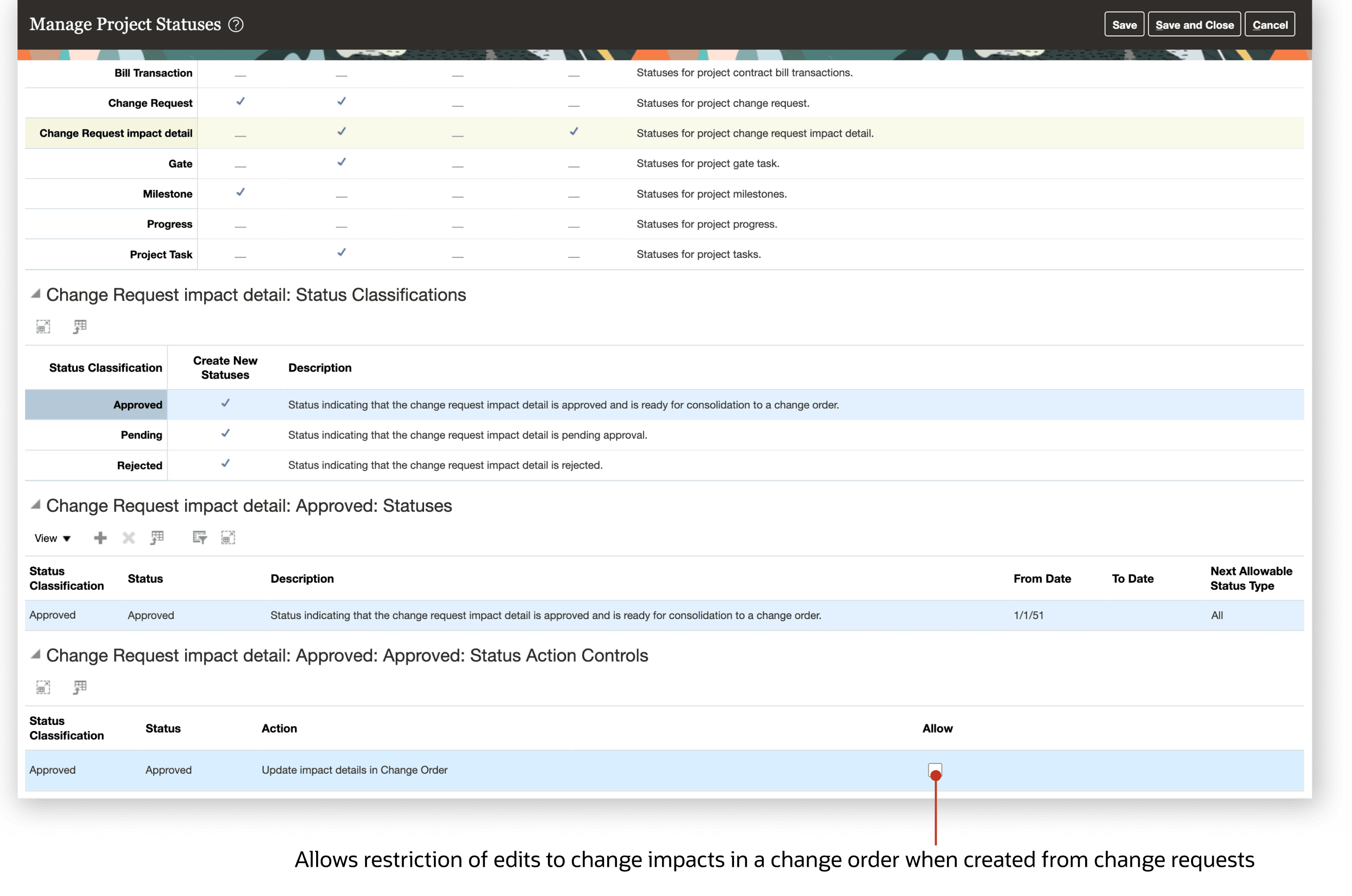 Manage Project Statuses page, showing the status action control.
