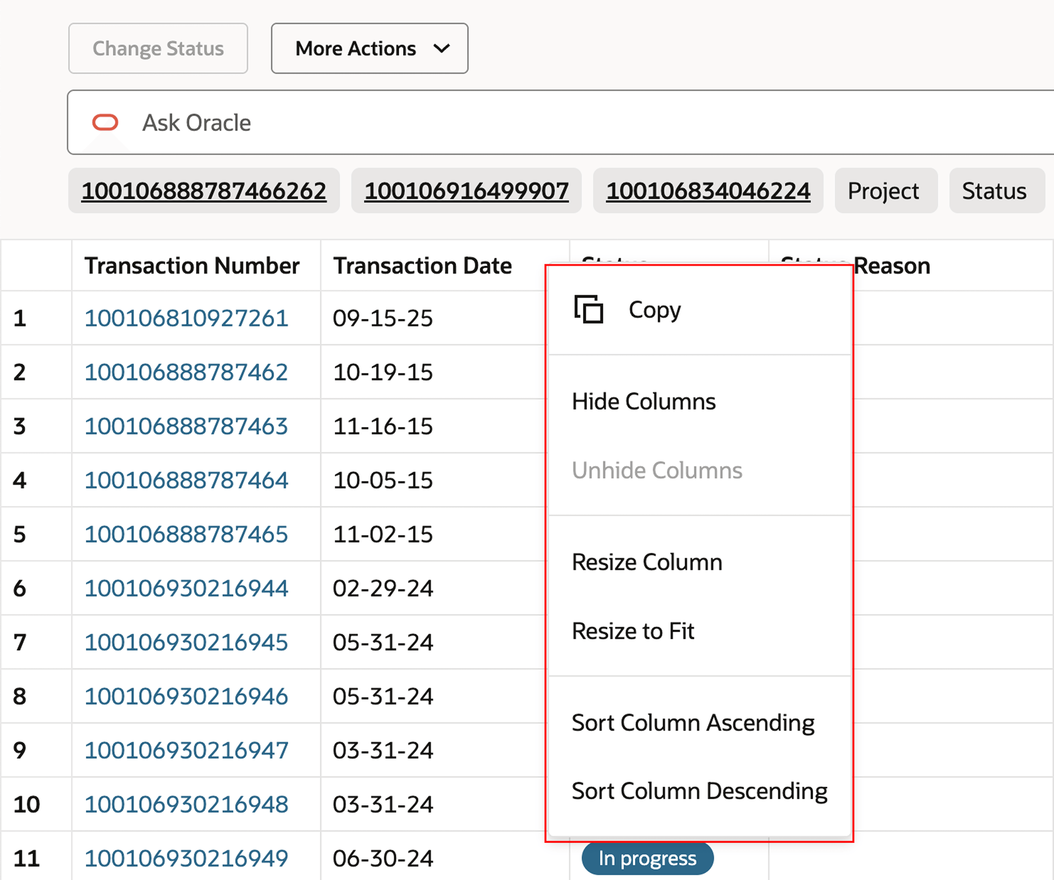 Contextual Menu in the Data Grid on the Bill Transactions Page