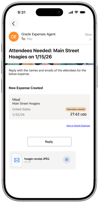 A sample email from the expenses agent creating an expense and requesting additional information.