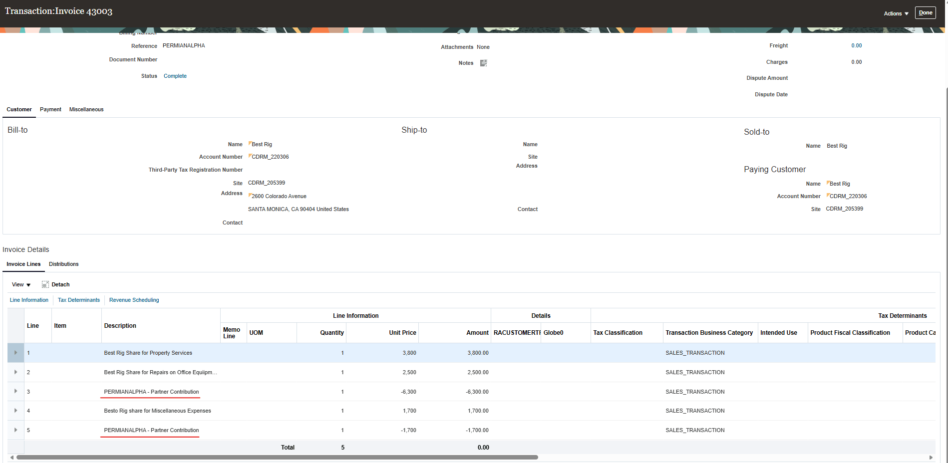 A Receivables invoice from Joint Venture Management showing separate partner contribution lines – Invoice Lines section. 