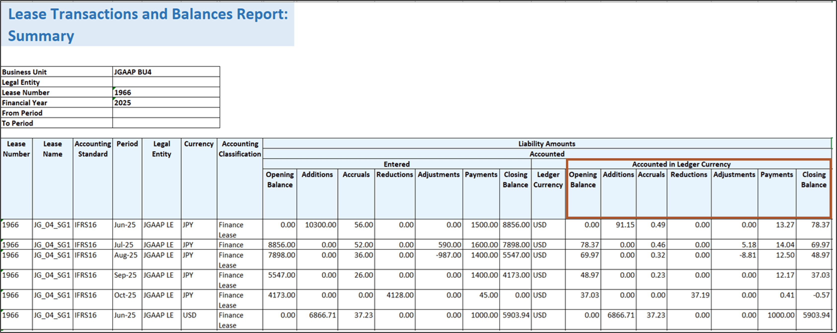 Lease Transactions and Balances Report - Accounted Liability Amounts in Ledger Currency
