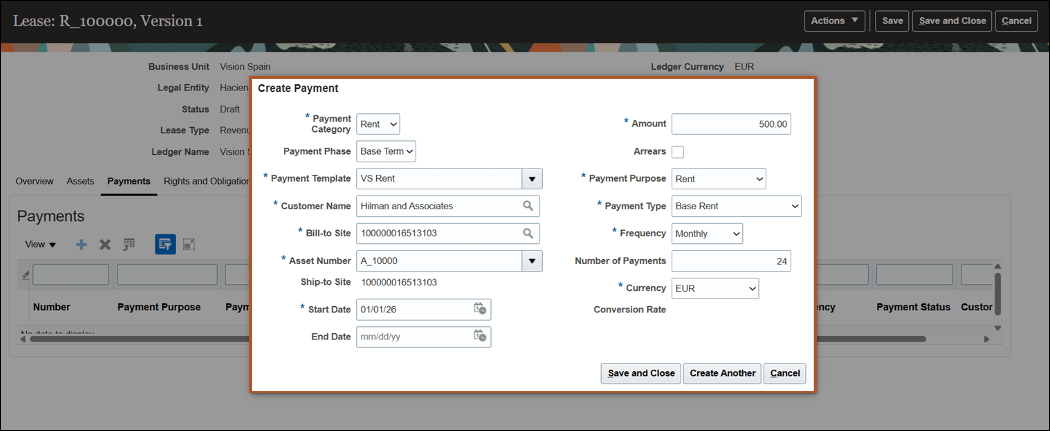 Create Payment page - Rent