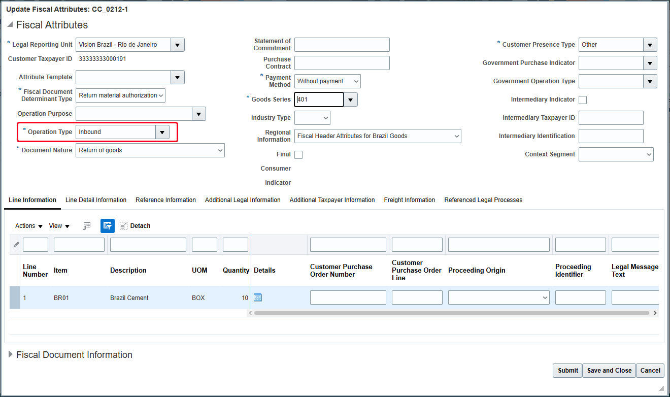 Inbound Operation Type in the Fiscal Attributes page