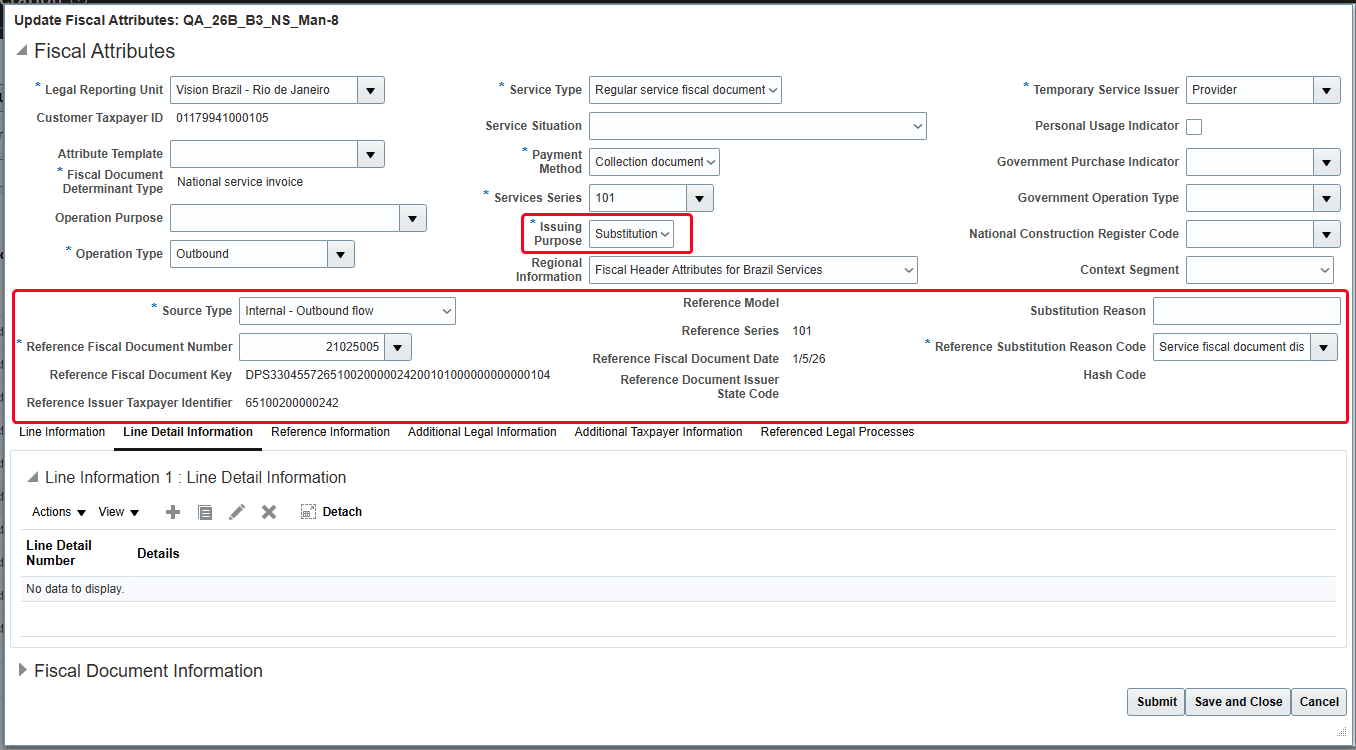 National Service Fiscal Document Substitution area in the Fiscal Attributes page