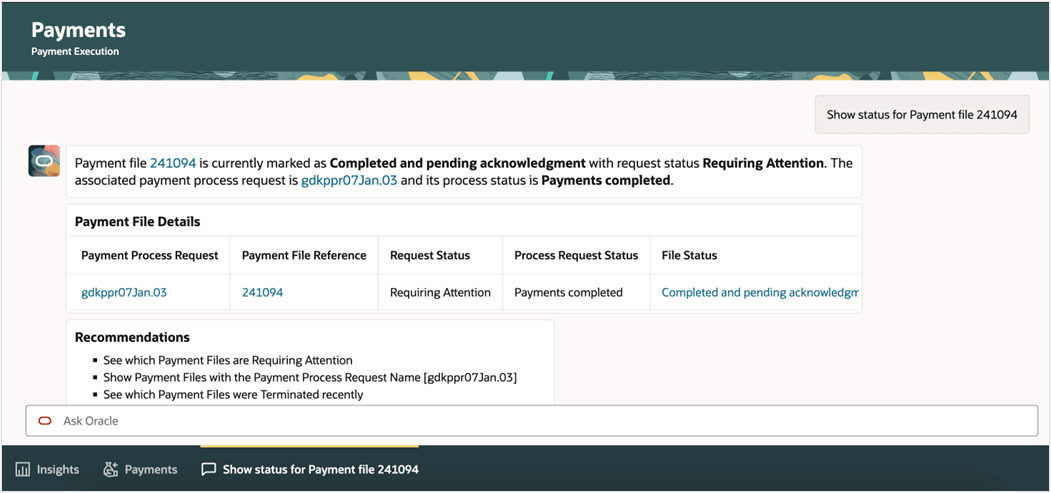 User reviews the status of a payment file and request related details directly in the assistant