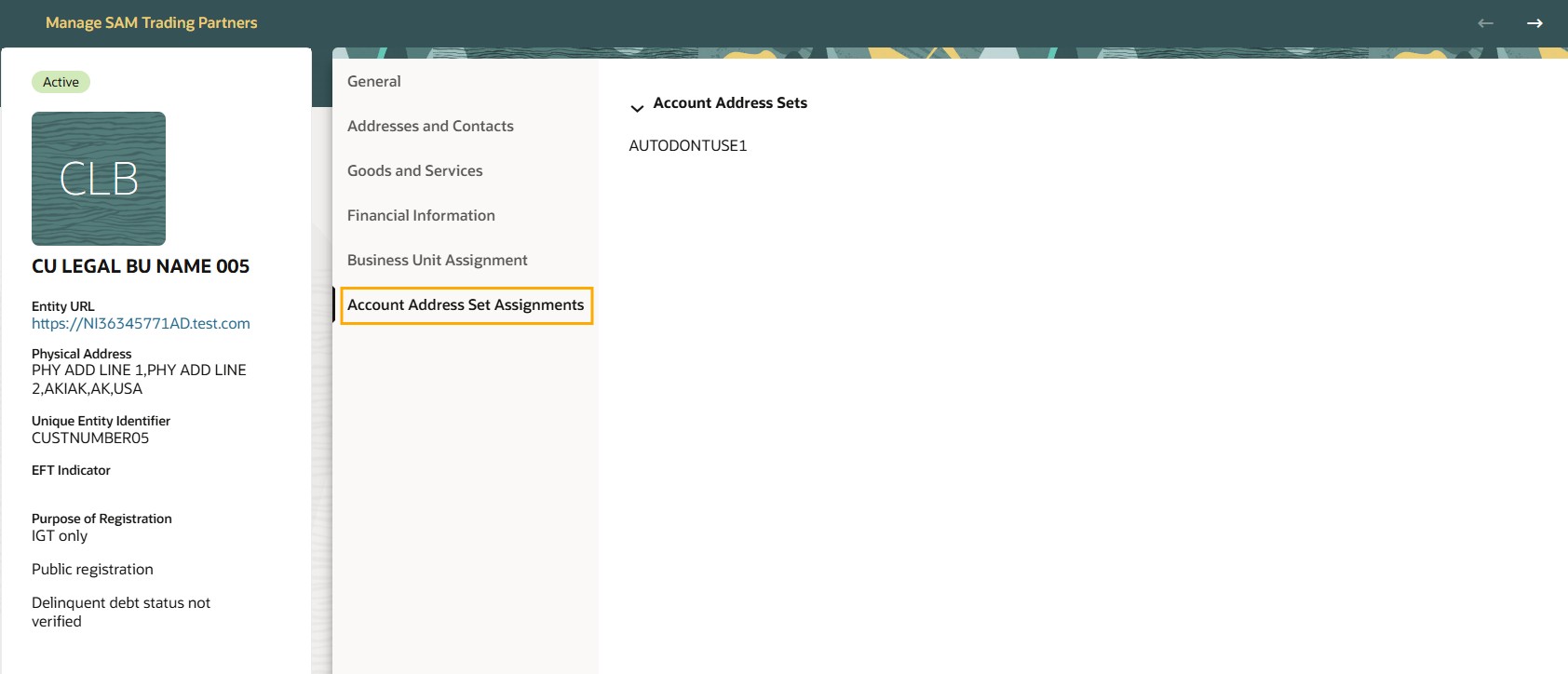 Manage SAM Trading Partners - Account Address Sets