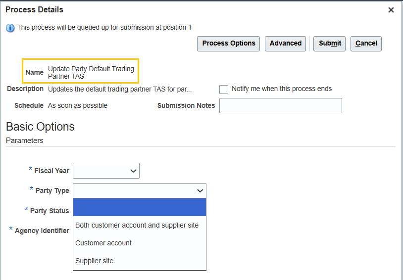 Update Party Default Trading Partner TAS ESS Job